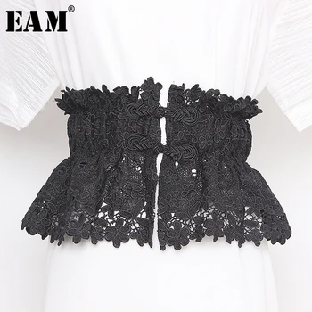 

[EAM] Black Lace Ruffles Split JointHollow Out Wide Belt Personality Women New Fashion Tide All-match Spring 2020 1T402