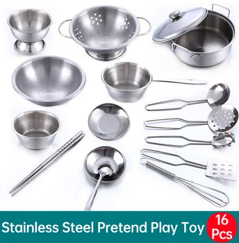 

New 16Pcs Stainless Steel Children Kitchen Toys Cooking Set Simulation Tableware Toy Pretend Play Toy Food Set Kid Gift D203