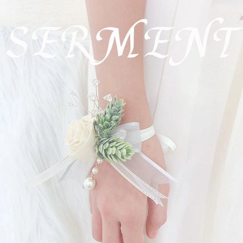 Everlasting Leaf Rose Wrist Flower Milk White Green Leaf Bride Bridesmaid Wedding Pearl Wrist Flower Wedding Accessories