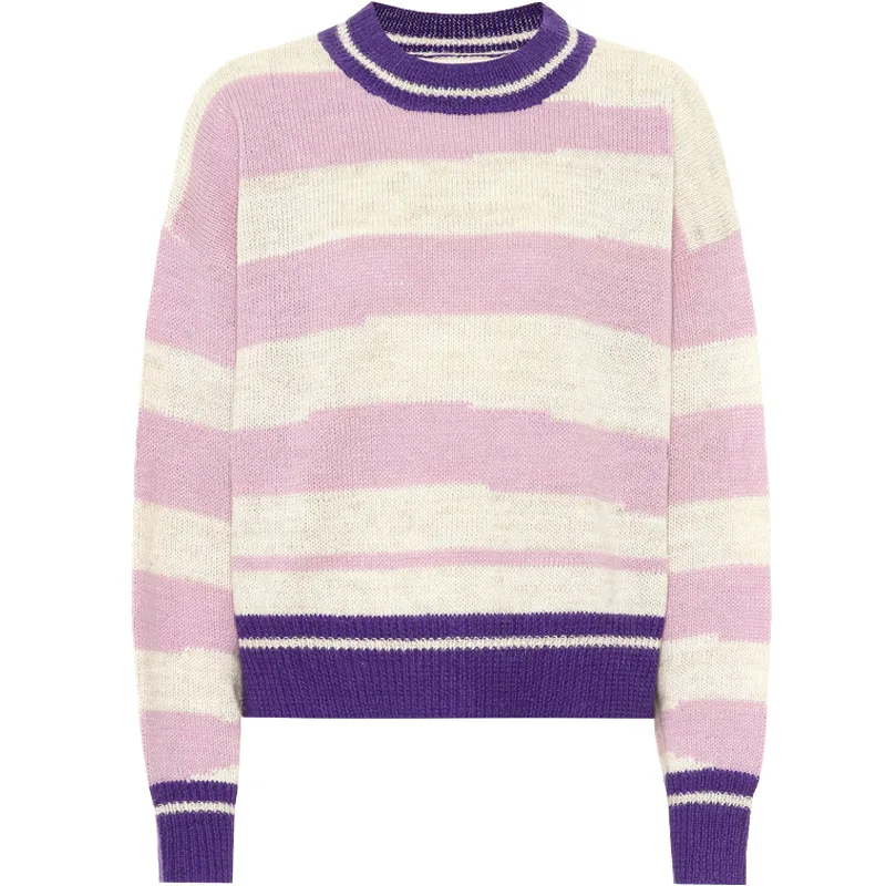 

Purple Striped Sweater Round Neck Pullover Loose-fitting Irregular Striped Sweater for Men and Women