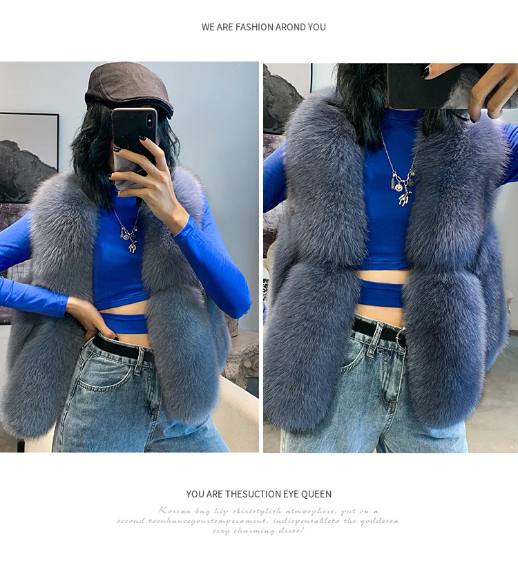 ZDFURS* Natural Real Fox Fur Vest 50 cm Winter Short Thick Women Fur Vest Sleeveles Jacket Pockets Real Fur Vest Coats Slim Park