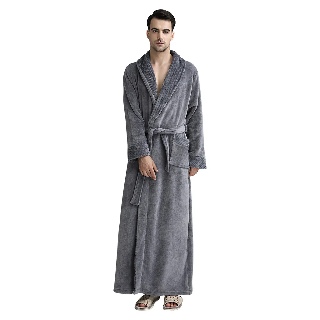 Банный халат, Мужская одежда для сна, Осень-зима, мягкий теплый плотный бархатный халат, банный халат, пижама, пижама с карманом и поясом, пеньюар мужской - Color: Gray