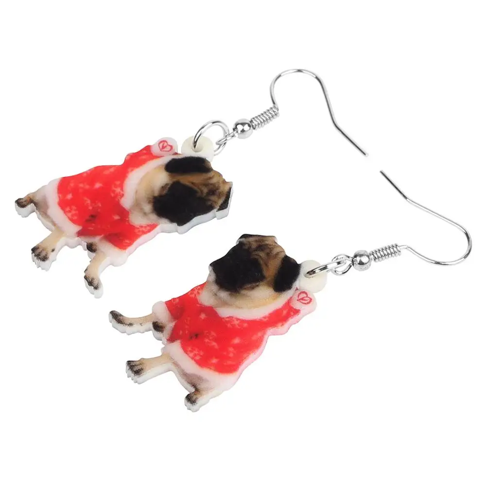Bonsny Acrylic Christmas Costume Dress Pug Dog Earrings Drop Dangle Animal Jewelry Accessory For Women Girl Teen Kid Charms Gift