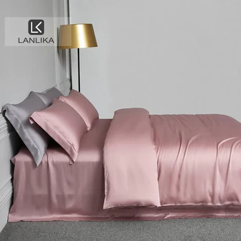 

Lanlika Women Pure 100% Natural Silk Pink Bedding Set Home Textile Queen King Duvet Cover Set Bed Sheet Pillowcase Free Shipping