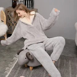 Winter pajamas suits women's thickened home clothes long sleeve tops elastic pants 2 piece sets