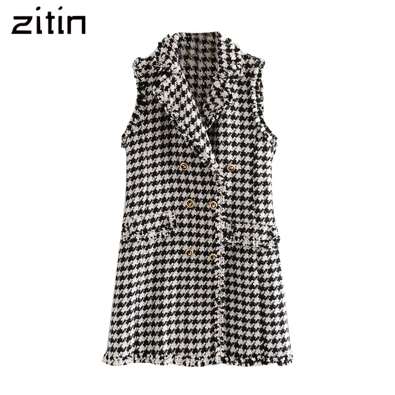Женское твидовое платье мини без рукавов винтажное повседневное двубортное в