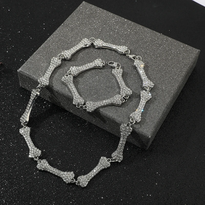 2022 Bone Necklace Iced Out Crystal Choker Necklaces Hip Hop Bone Element Clavicle Chain Men's Women's Gothic Party Jewelry