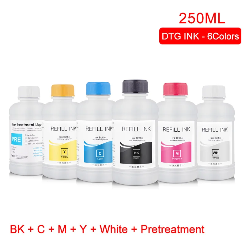 BK C M Y WH Pretreat 250 ML/Set чернила dtg для рисования на ткани одежды чернила для Epson DX5 DX7 R330 1390 1400 R1900 R2000 F2000 F2100(BK C M Y белый предварительной обработки - Цвет: BK C M Y WH Pretreat