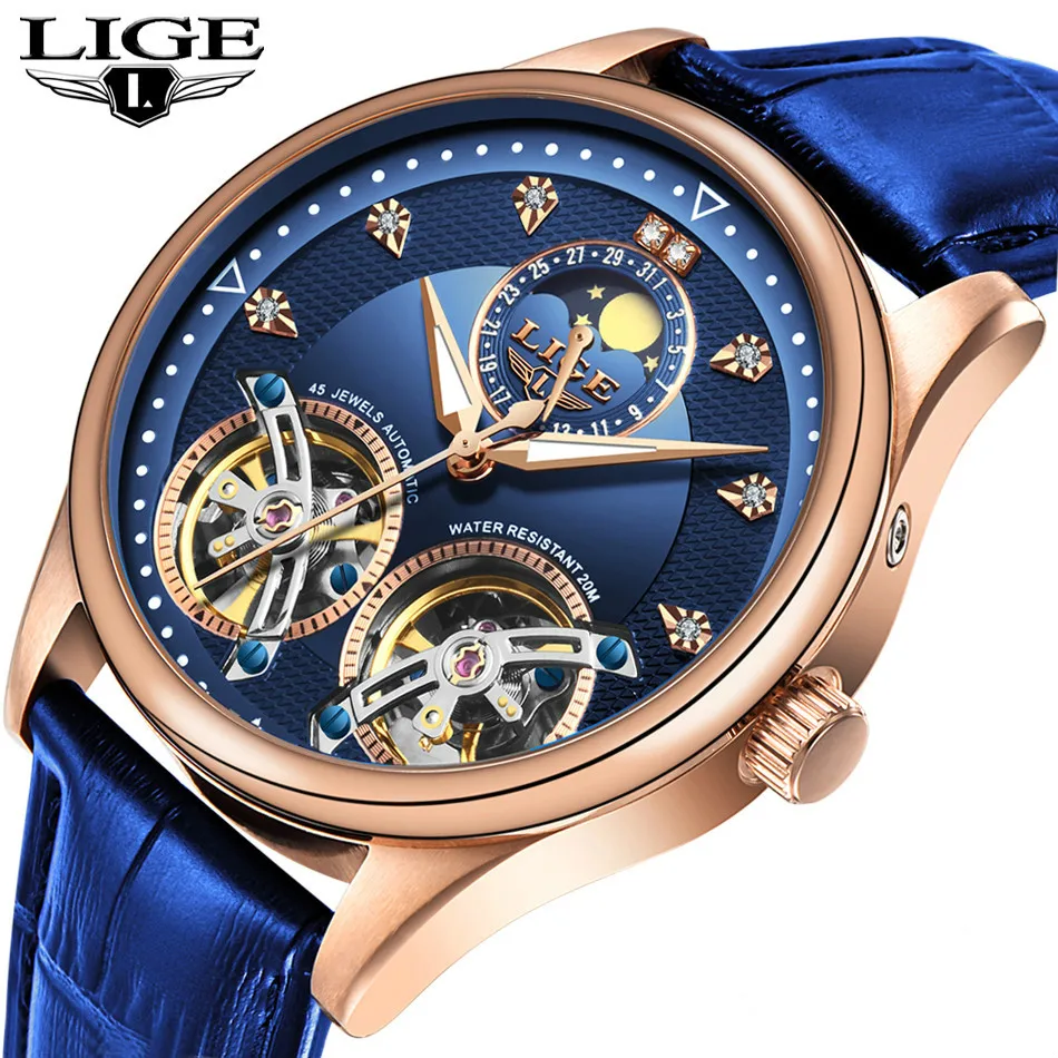 LIGE, Брендовые мужские часы, автоматические механические часы, Tourbillon, спортивные часы, кожа, повседневные, деловые часы в ретро-стиле, Relojes Hombre