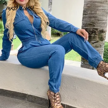 

Pockets Design Zipper Front Elastic Waist Slim Fit Rompers Women Jumpsuit Solid Long Sleeve Casual One Piece Overalls Streetwear