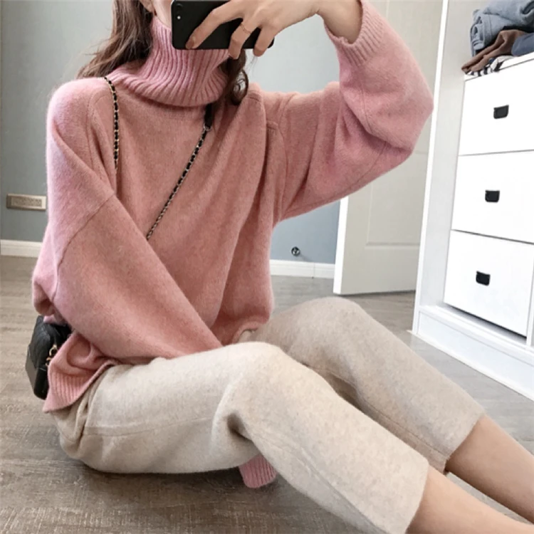 Baratos Colorfaith nuevo Otoño Invierno 2019 pantalones de mujer de lana de alta cintura suelta elegante estilo coreano Casual pantalones de plátano P5712