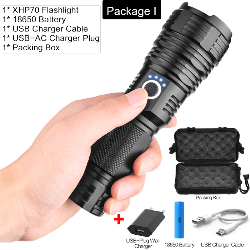 Package I Super Bright XHP70.2 LED Flashlight Zoomable Torch USB Rechargeable Flashlight XHP50 LED Torch Portable Use 18650/26650 Battery - Испускаемый цвет: Package I