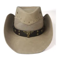 Кожа Для мужчин Для женщин сетки западная ковбойская шляпа широкая шляпа на открытом воздухе сомбреро Hombre Женская Ковбойская шляпа быка лента