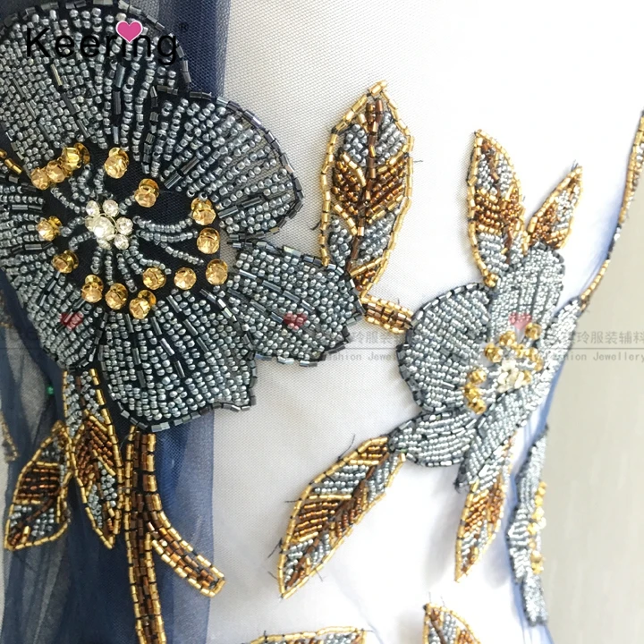 Мода ручной работы натуральный и изящный Цветок серый Королевский аппликация с бисером и стразами патч для женщин платье WDP-100