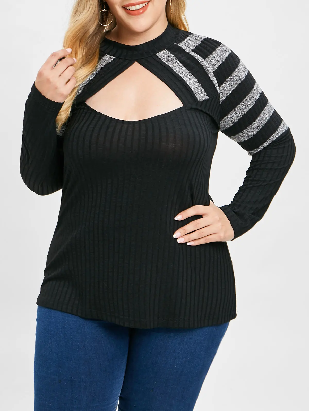 

ROSE GAL Fashion Plus Size Woman Cut Out Contrast Trim Knitwear Stand-up Collar Knit Striped Long Sleeve Pullover Clothes