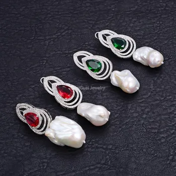 

GG Jewelry Natural White Keshi Pearl Red Green Crystal Cz Rhinestone White Gold Plated Stud Earrings