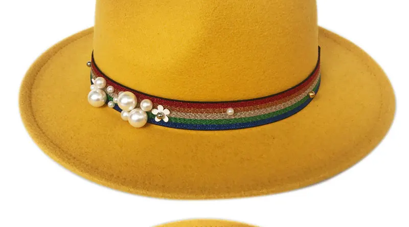YY beauty Fedora для женщин Радужная жемчужина лента Джаз Панама широкополый Трилби фетровая шляпа Классическая британская Осенняя шляпка для церкви FD19011