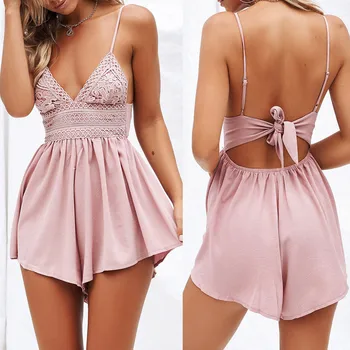 

Sexy Backless Jumpsuit Short Women Bowknot Sleeveless Mini Jumpsuit Bandage Embroidery Party Beach Jumpsuit Ladies Summer Ju4