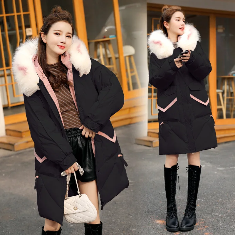

2019 Winter Mid-length Long Sleeve Loose-Fit Slimming Hooded Large Fur Collar Korean-style-Style Mixed Colors Cotton Overcoat