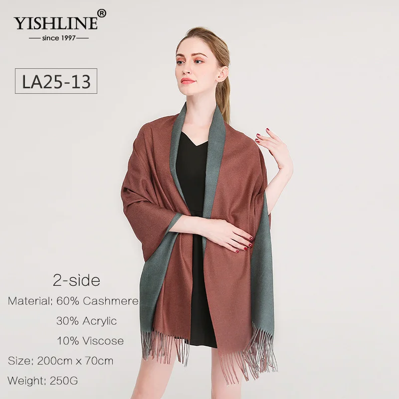 YISHLINE, женский зимний шарф, кашемир, толстый, 250 г, 2 стороны, узорные шали, осень, хиджаб, палантины, Длинные акриловые шарфы на голову