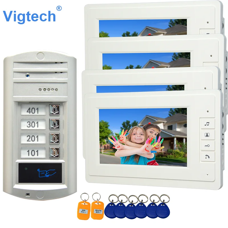 Цветной видеодомофон Vigtech 7 дюймов 4 монитора с 1 Интерком дверной звонок может