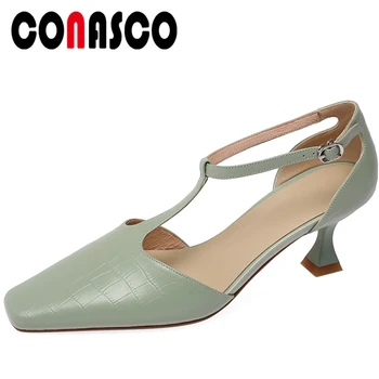 

CONASCO 2020 New Concise Elegant Women Sandals T-Tied Wedding Office Casual Women Pumps Genuine Leather High Heels Shoes Woman