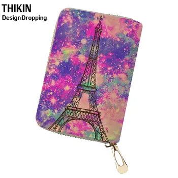 

THIKIN Women Card Holder Galaxy Eiffel Tower Printing Leather Passport Cover for Girls Student ID Case Female Porte Carte Zipper