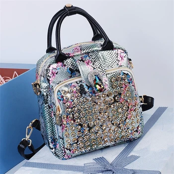 

Women Totes Rivets Shoulder Bags Luxury Crystal Silver Tassel Women Leather Punk Handbags 2020 New Ladies Fashion Crossbody Bags