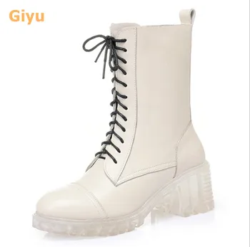 

2020 autumn new Martin boots Genuine Leather Women's boots Thick heel Motorcycle shoes Round toe lace-up shoes Fashion winter