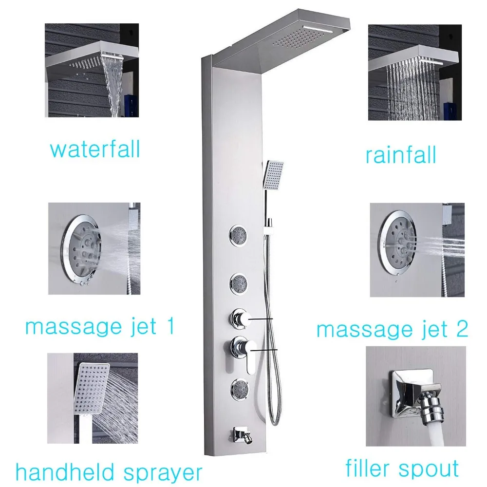 Geborsteld Nikkel Douche panel Douche Kolom wandmonage Regen Waterval Douche Kraan Toren Одноручный Mengkraan