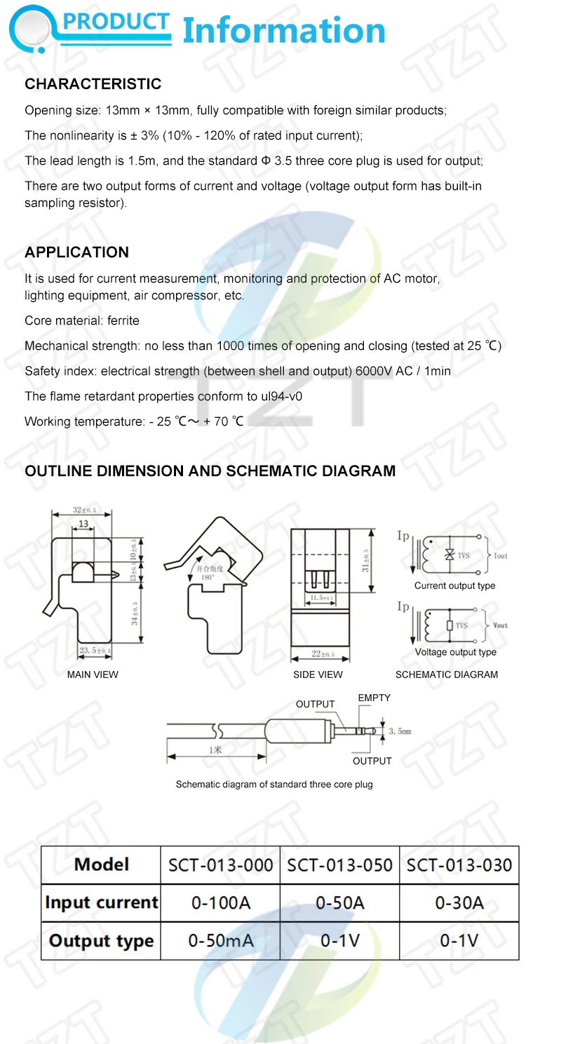 TZT 30A 50A 100A SCT-013-030 SCT-013-050 SCT-013-000 Nicht-invasive Wechselstromsensoren Split-Core-Stromwandler – Detail 1