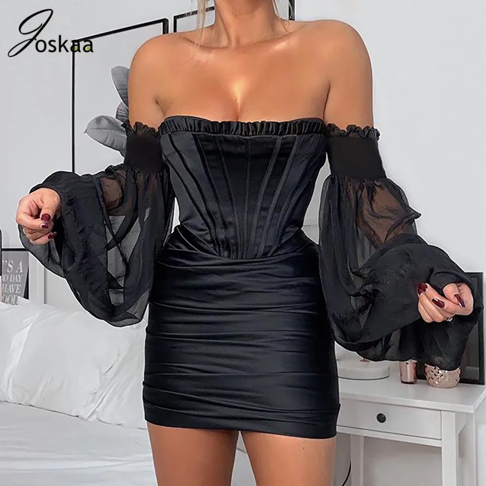 

Joskaa Black Patchwork Mesh Long Puff Sleeve Strapless Backless Celebrity Christmas Evening Club Women Sexy Party Dress