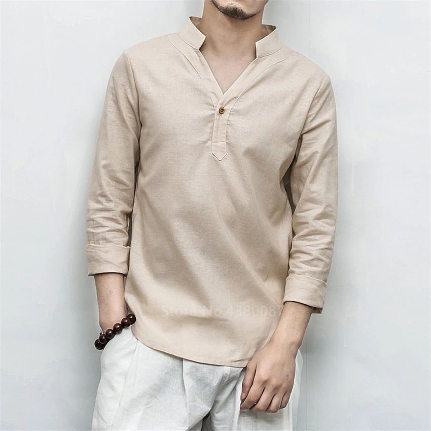 Men Chinese Top Solid Color V Neck Linen Asian Retro Traditional Clothing Cotton Stand Collar Long Sleeve Shirt Tang Suit | Тематическая