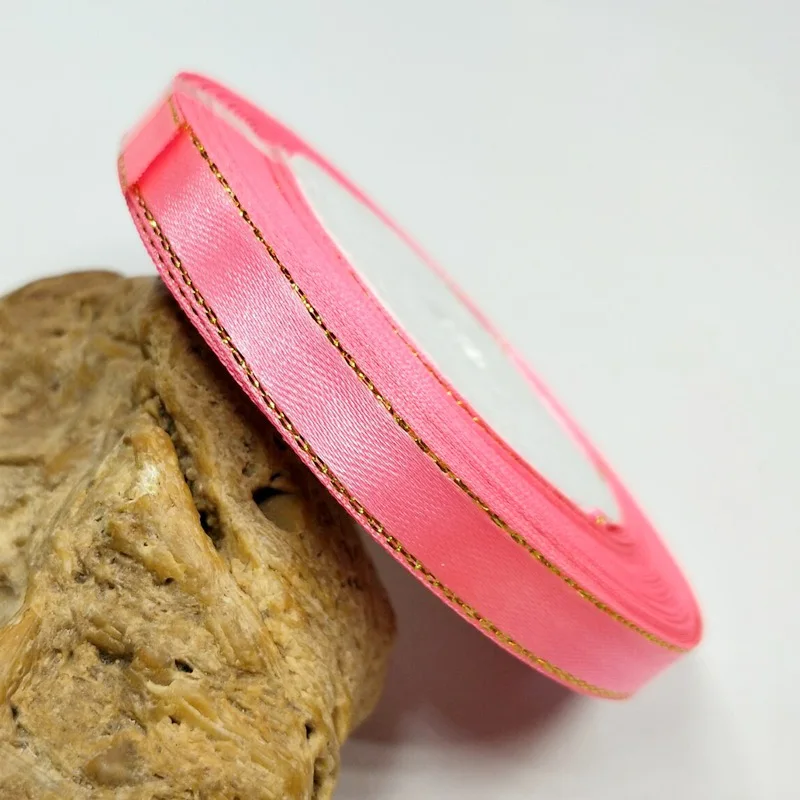 HL 3/" 10 мм 25 ярдов/рулон золотые края атласная лента украшения для свадьбы дня рождения DIY подарочная коробка упаковочная лента - Цвет: hot pink
