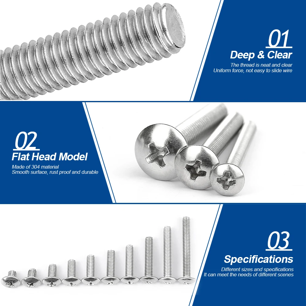 NINDEJIN Truss Round Head Screw Set Stainless Steel M3 M4 M5 Phillips Screw with Nuts Assortment Kit Machine Screw