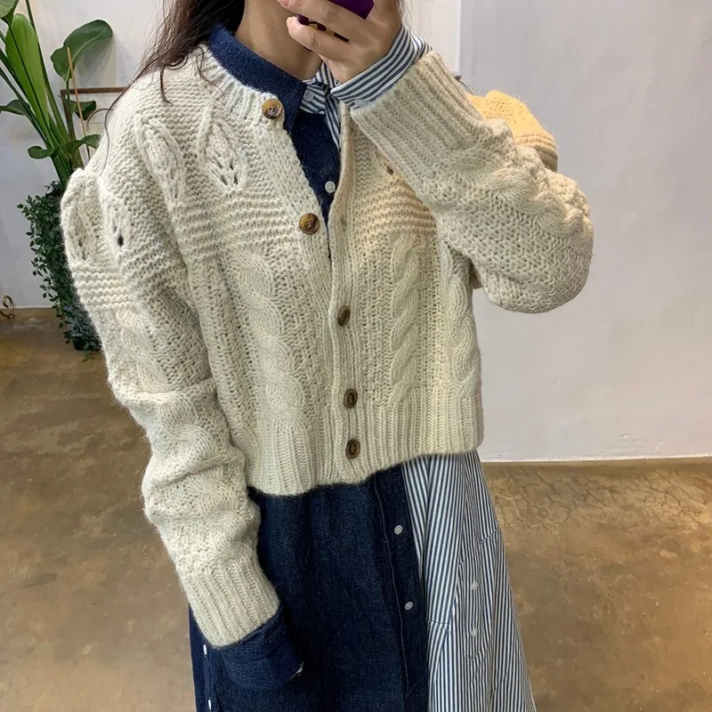 Neploe Korean Chic 2 Pcs Women Set Autumn Winter Long Loose Pleated Contrast Color Dress+ Twist Knitted Short Cardigan Sweater