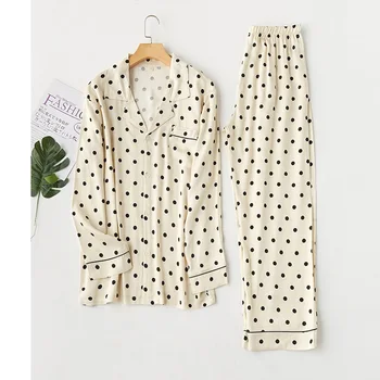 

2020 couple models cotton satin yellow bottom polka dot lapel pajamas suit casual home wear women pajamas pair of pajamas