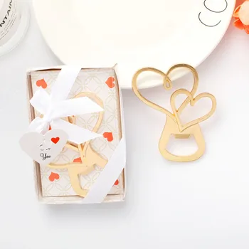 

50PCS/Lot Bridal Shower Favors Souvenir Wedding Guests Gifts Gold Double Heart Bottle Opener
