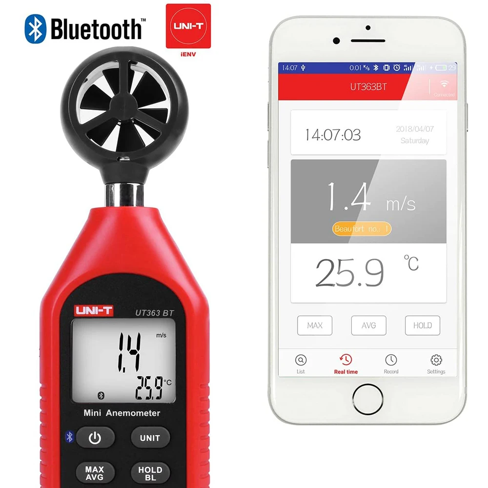 Tanie Anemometr Bluetooth, UNI-T UT363BT mini cyfrowy anemometr ręczny z termometrem do danych