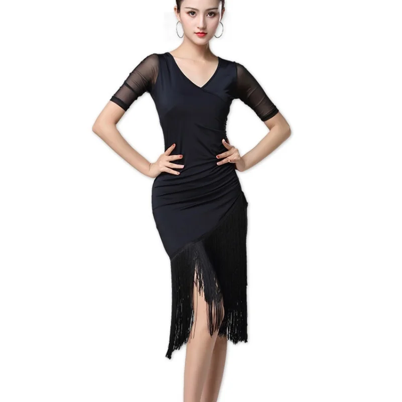 Женское латинское танцевальное платье Сальса с v-образным вырезом Танго бальный костюм с кисточками Румба 904-B119