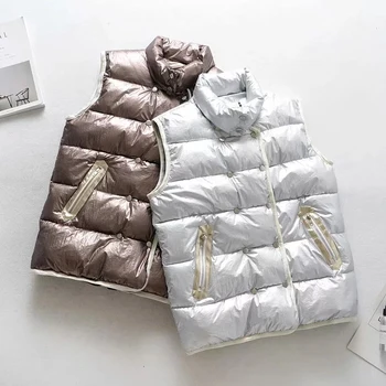 

New Glossy Women's Winter Sleeveless Jacket Warm Waistcoat Female Silver Double Breasted Cotton Vest Coat