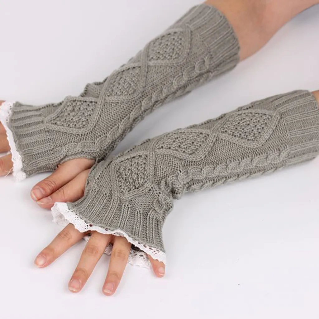 Женские зимние перчатки, вязанный выемчатый лист, кружева, сохраняющие тепло, перчатки без пальцев, перчатки для ерчатки, женские перчатки Wd3