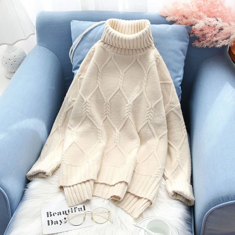 

2019 autumn winter new knitted women sweater and pullovers turtleneck solid flare sleeved thicken warm pulls outwear tops