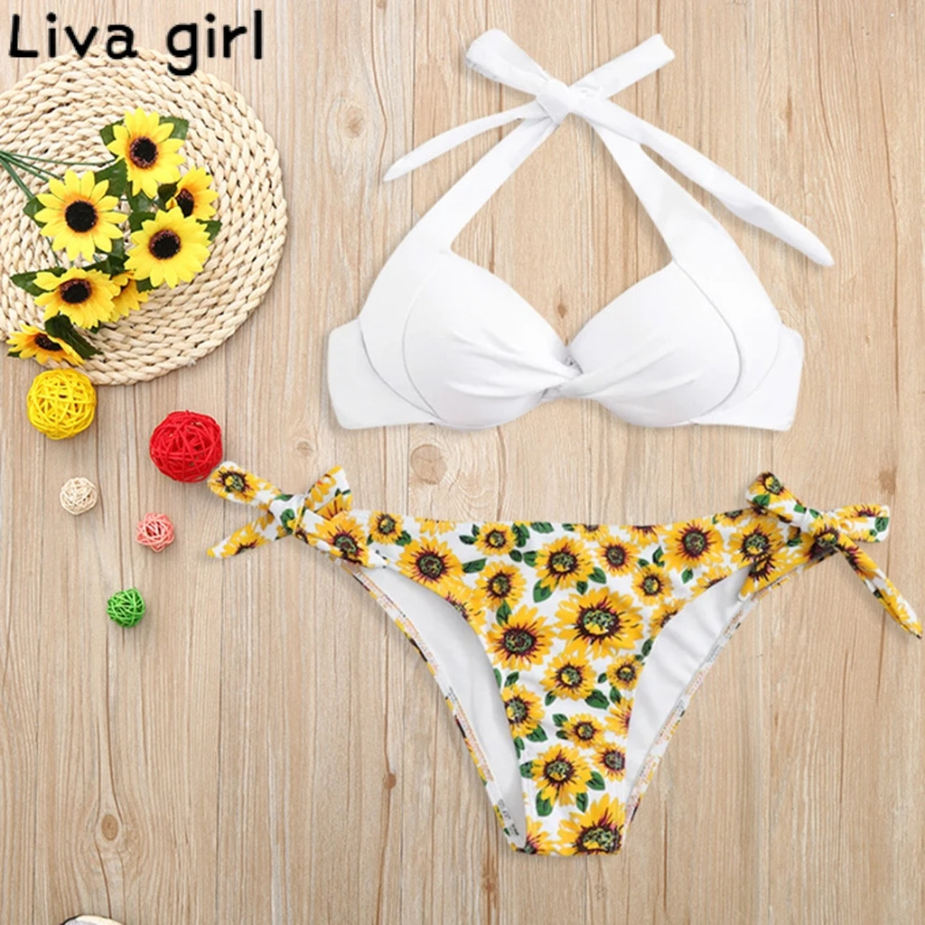 Liva girl сексуальный бикини с принтом подсолнуха купальный костюм Пуш Ап женский