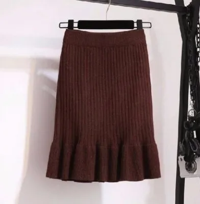 Женская Длинная трикотажная юбка осень зима женские плиссированные юбки миди макси тонкая облегающая юбка однотонная женская офисная одежда юбка - Цвет: Coffee 50cm