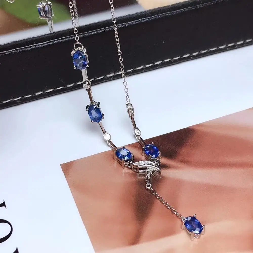  Collier pendentif élégant en saphir bleu naturel avec pompon en ligne Simple S925 collier en argent
