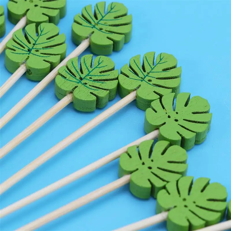 100 шт деревянные Экологически чистые шикарные практичные зеленые коктейльные палочки в форме листьев черепахи, палочки для еды, Фруктовые палочки для дома