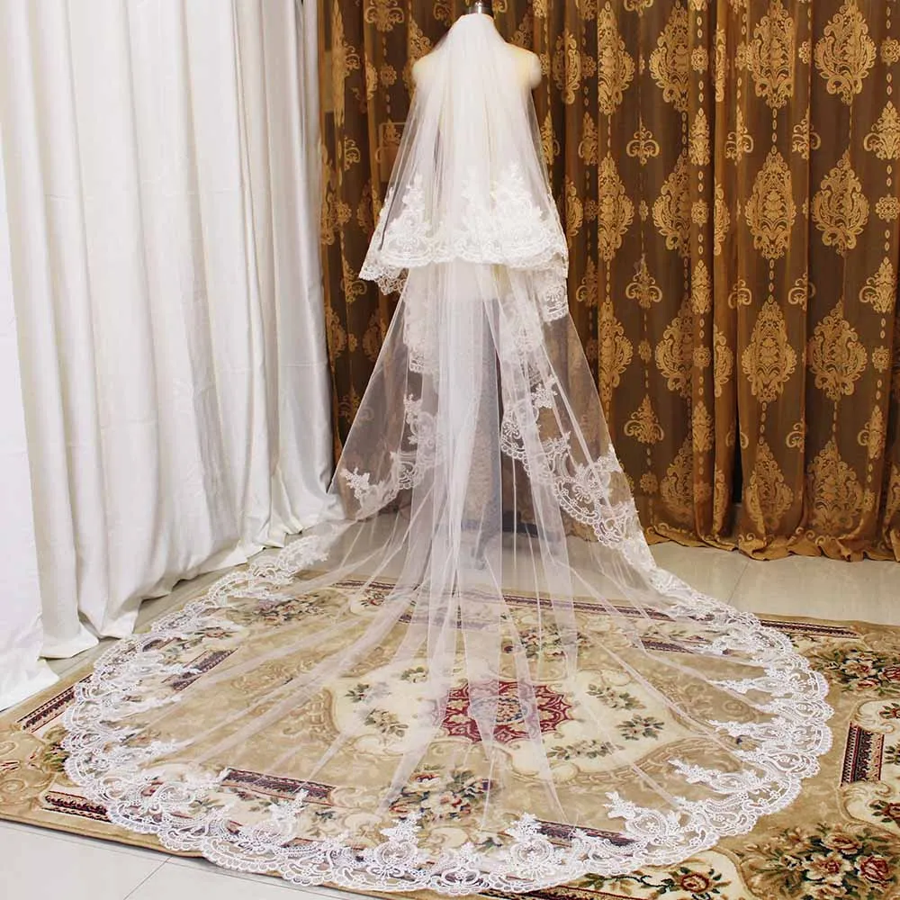 Customized 2 Layers Lace Wedding Veil Cathedral Length Bridal Veil with Comb 3m/3.5m/4m Veil White/Ivory Bride Veil