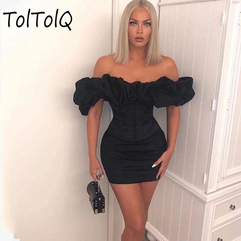 Платье с квадратным вырезом воланом и рукавами фонариками пикантные черные