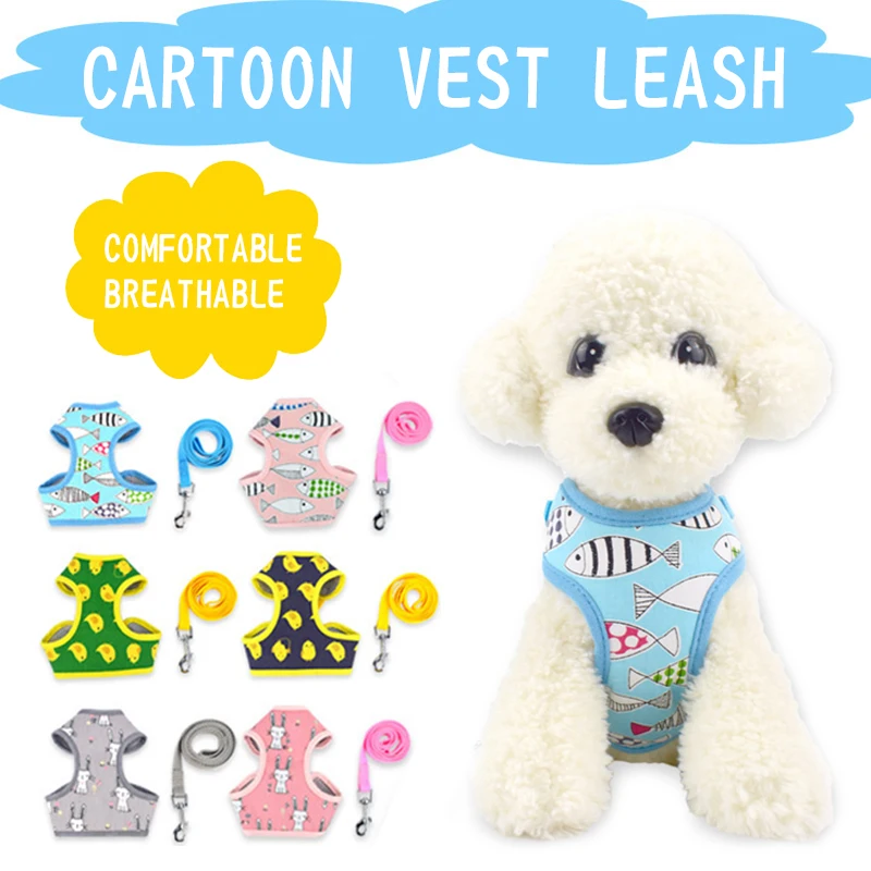 Breathable Dog Harness Leashes Puppy Cartoon Chest Strap Soft Adjustable Pet Walking Harnesses Lead Leash Training Vest Supplies
